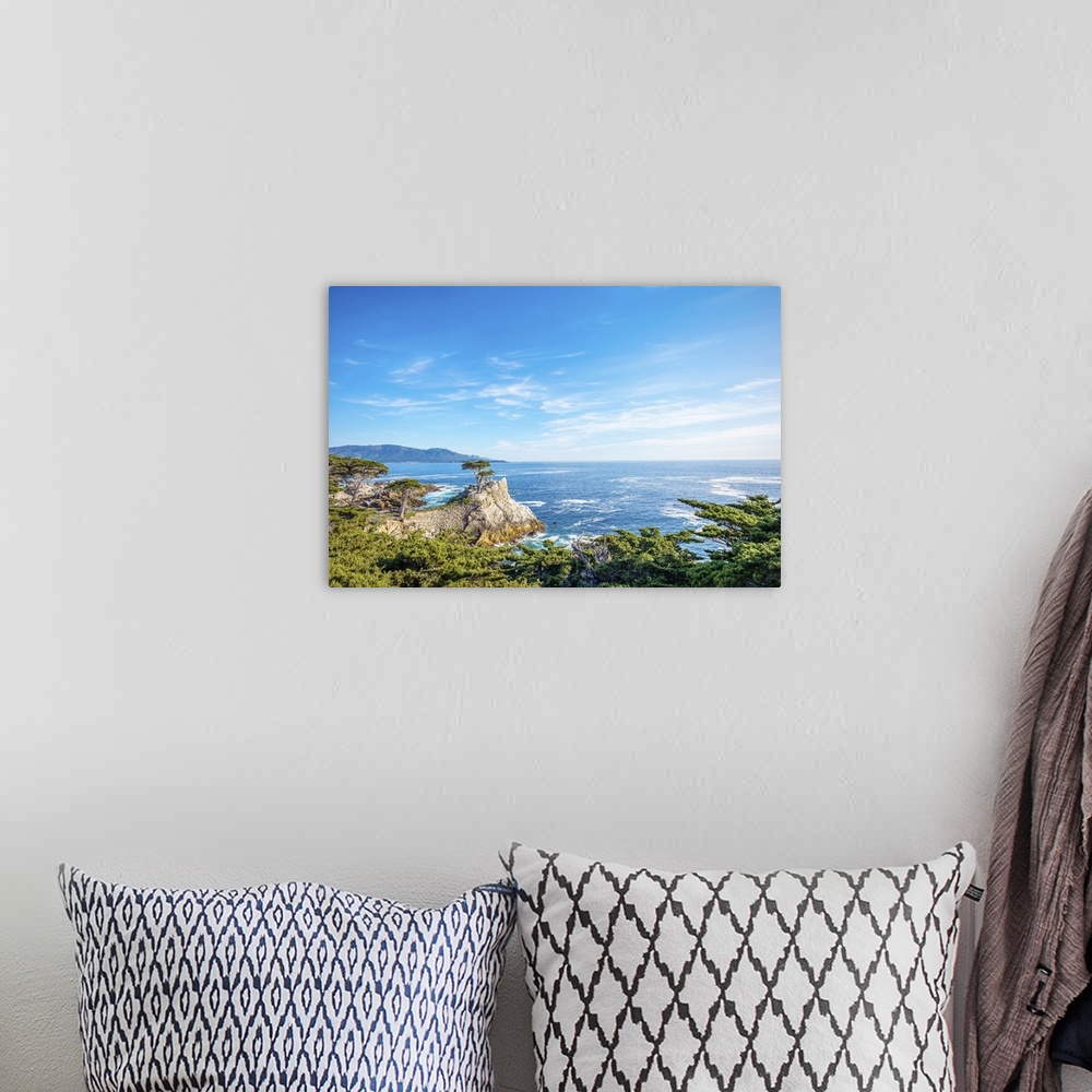 A bohemian room featuring The Lone Cypress, Seen From The 17 Mile Drive, Pebble Beach, California
