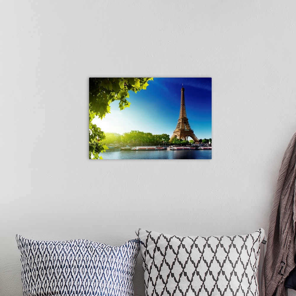 A bohemian room featuring Seine in Paris with Eiffel tower in sunrise time