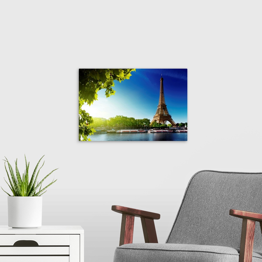 A modern room featuring Seine in Paris with Eiffel tower in sunrise time