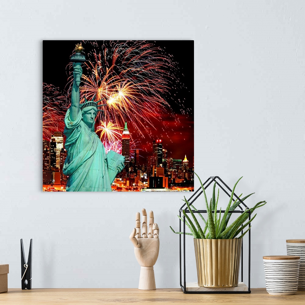 A bohemian room featuring The Statue of Liberty and holiday fireworks