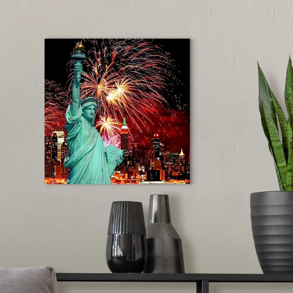 A modern room featuring The Statue of Liberty and holiday fireworks