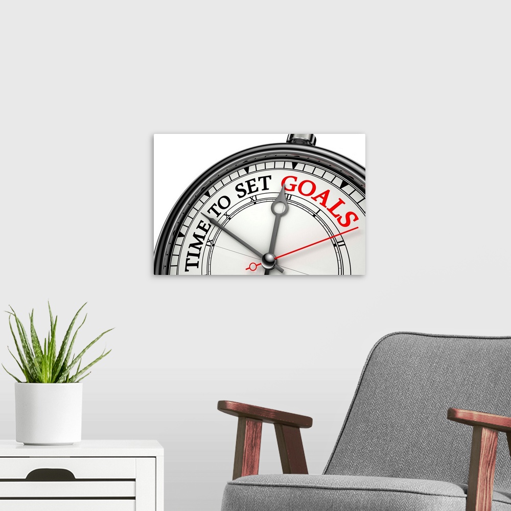 A modern room featuring Time To Set Goals Clock