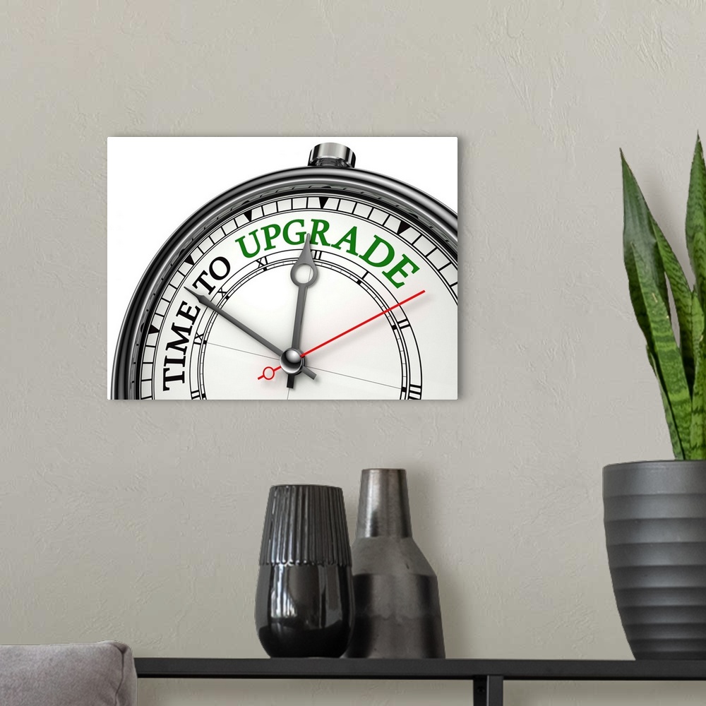 A modern room featuring Time To Upgrade Clock