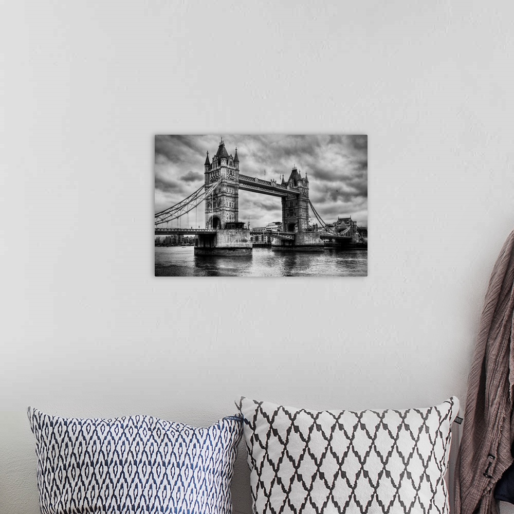 A bohemian room featuring Tower Bridge in London, the UK. Black and white, artistic vintage, retro style