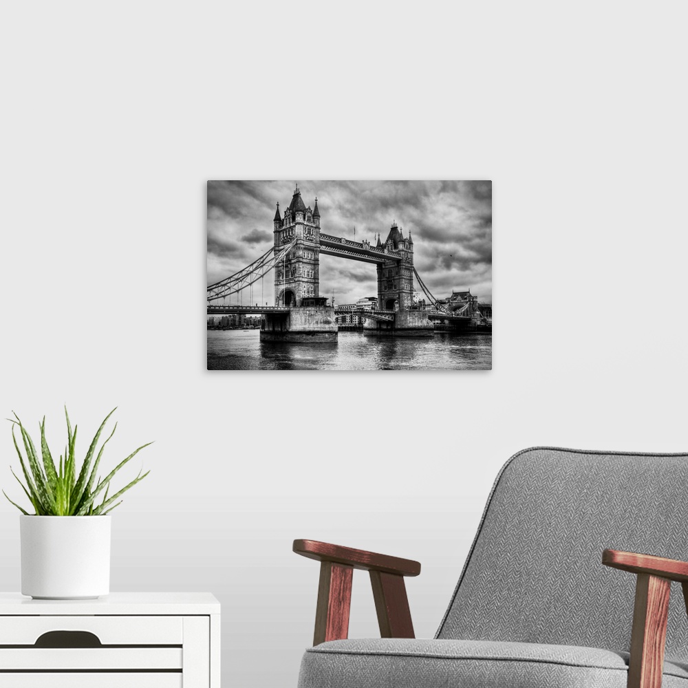A modern room featuring Tower Bridge in London, the UK. Black and white, artistic vintage, retro style