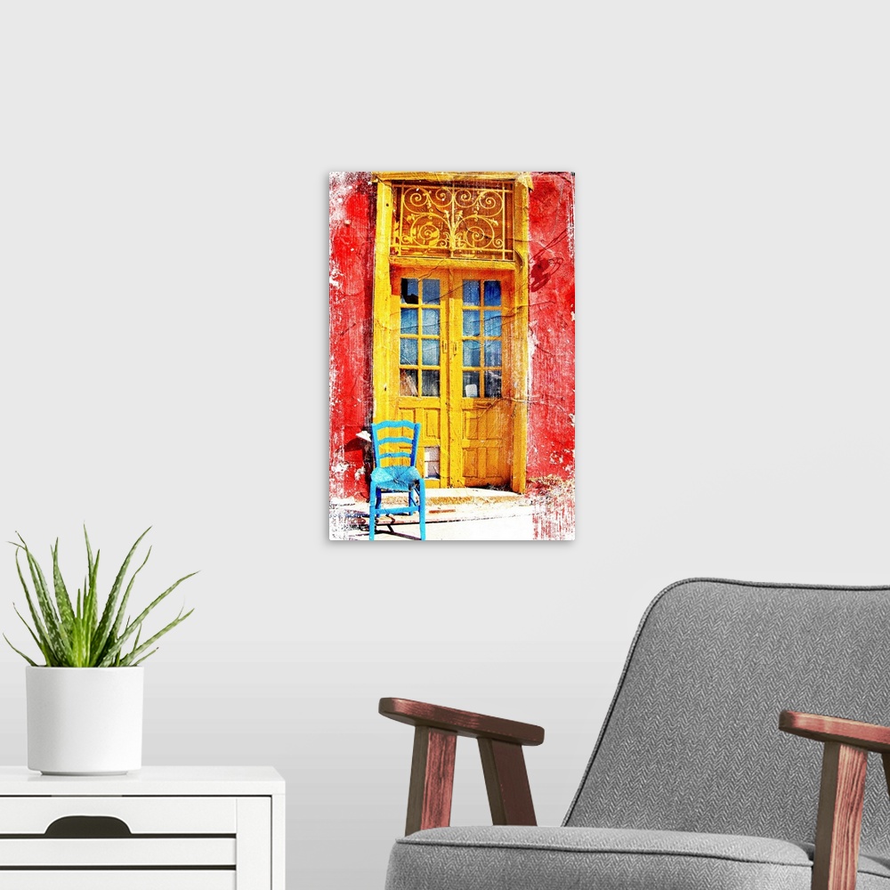 A modern room featuring old traditional greek doors - artwork in painting style