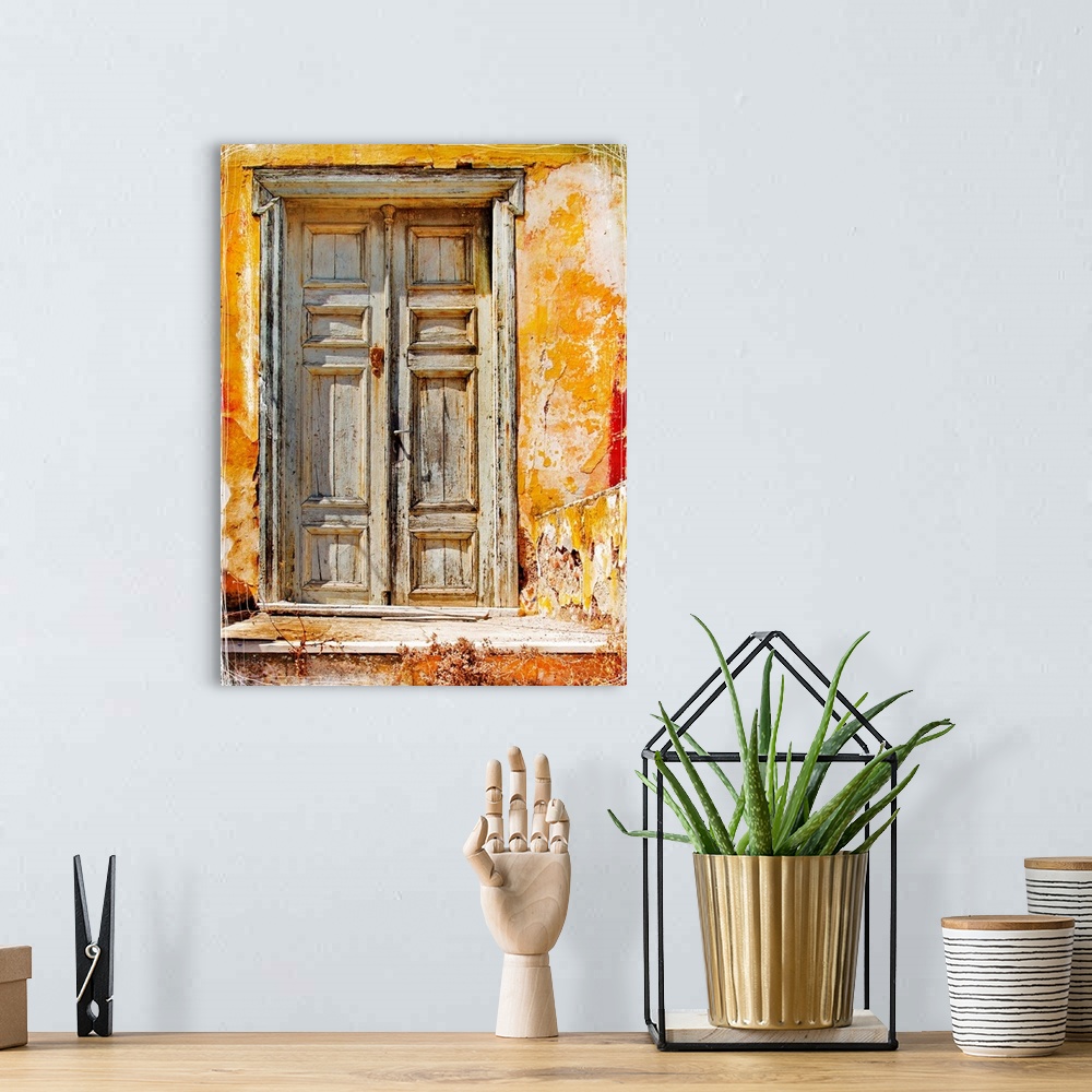 A bohemian room featuring old traditional greek doors - artwork in painting style