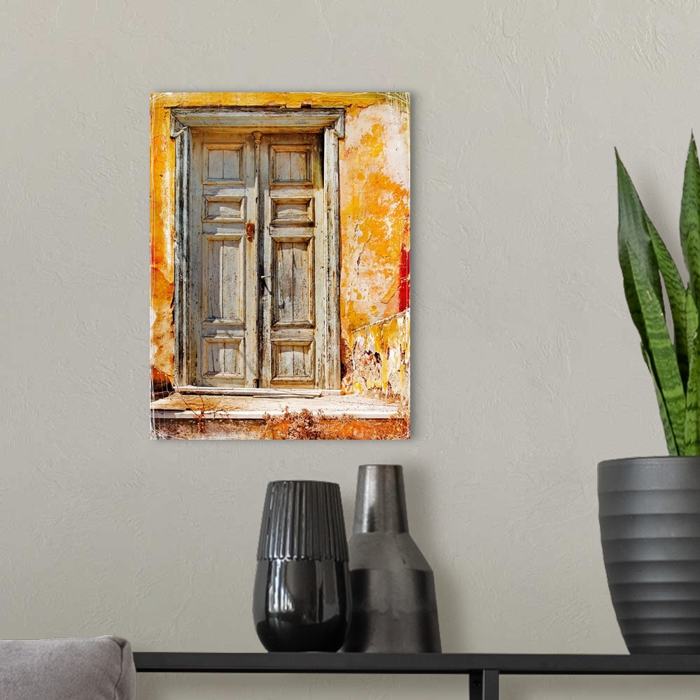 A modern room featuring old traditional greek doors - artwork in painting style