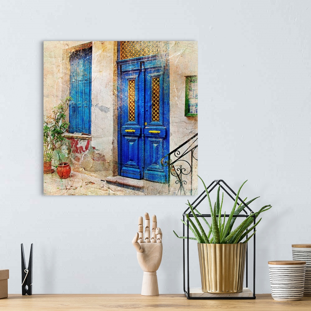 A bohemian room featuring traditional Greek streets -artwork in painting style
