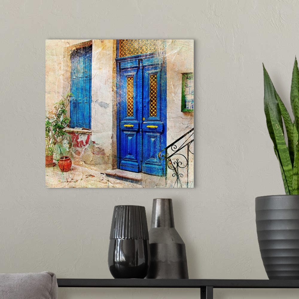 A modern room featuring traditional Greek streets -artwork in painting style