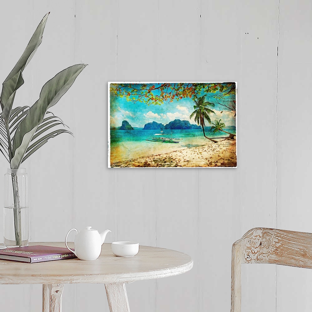 A farmhouse room featuring tropical beach - artwork in painting style
