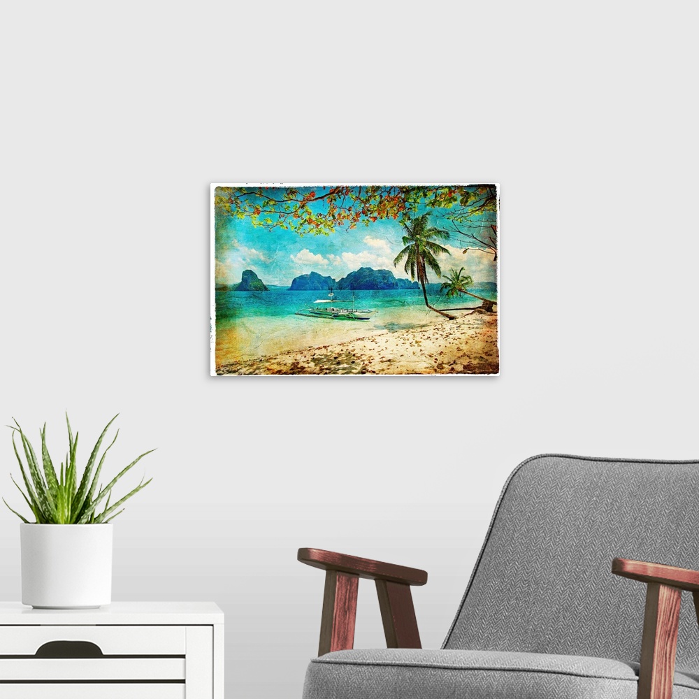 A modern room featuring tropical beach - artwork in painting style
