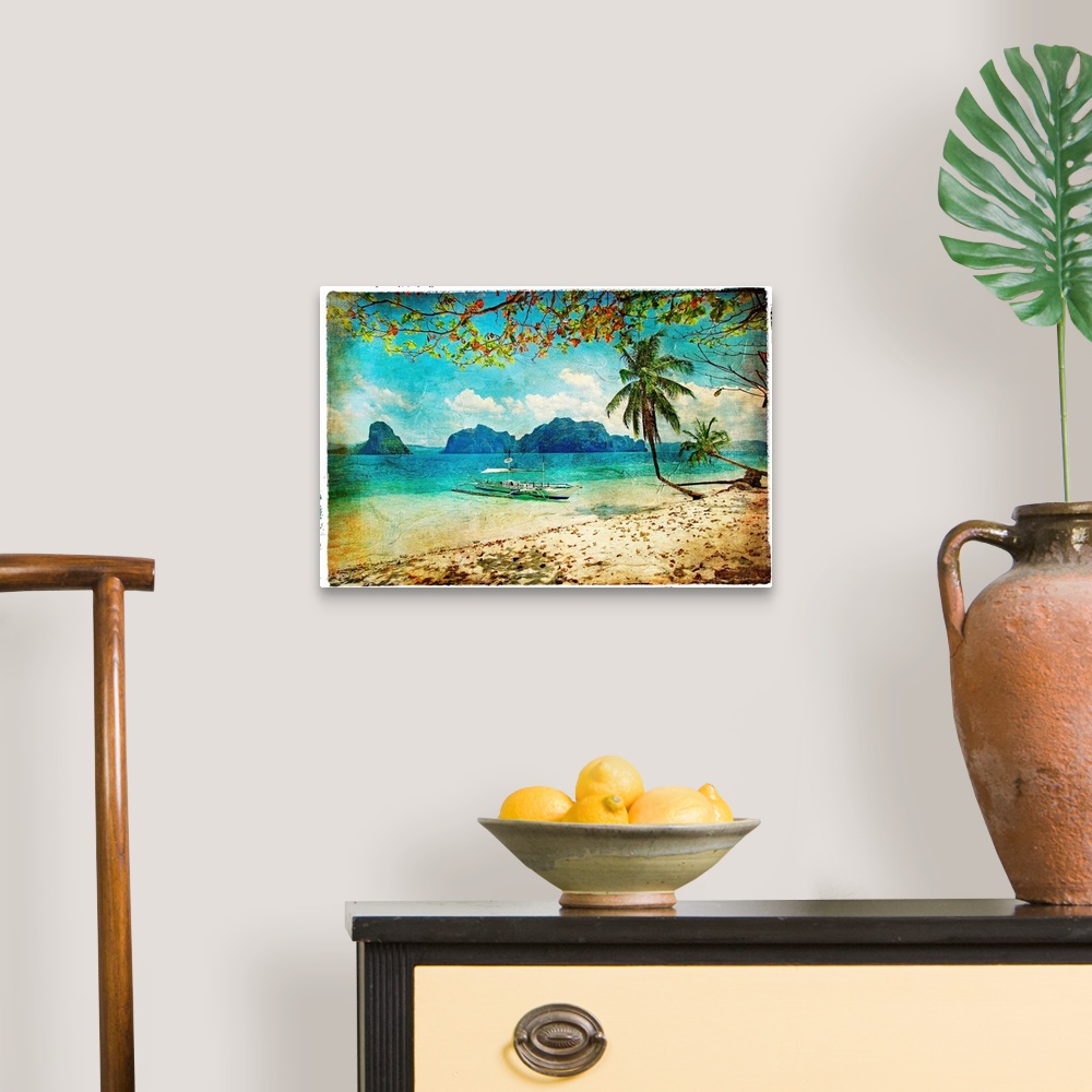 A traditional room featuring tropical beach - artwork in painting style