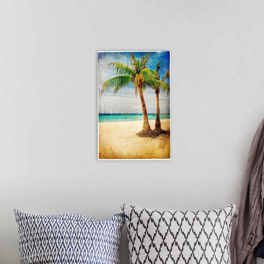 A bohemian room featuring tropical beach - artwork in painting style