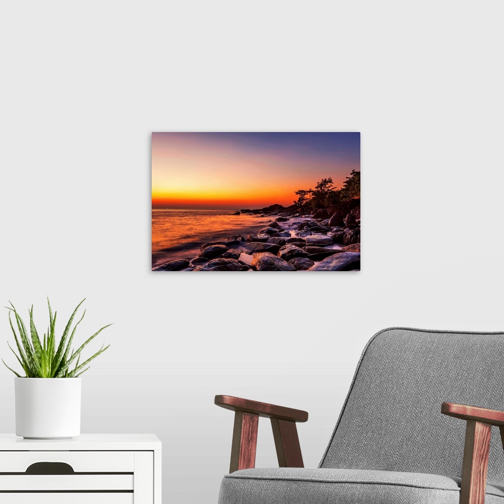 A modern room featuring Tropical beach at beautiful sunset. Nature background