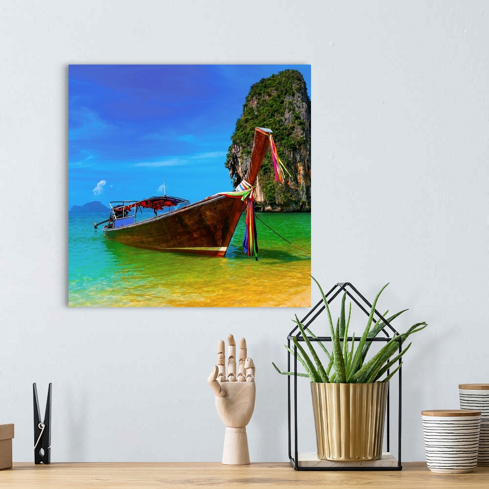 A bohemian room featuring Summer beach tropical landscape. Thailand island scenic background, azure water, traditional long ta