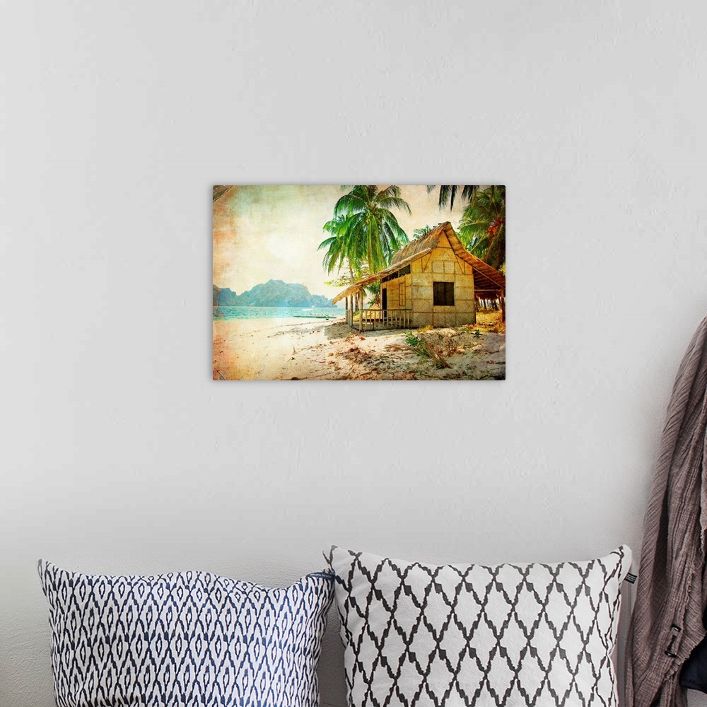 A bohemian room featuring tropical bugalow -retro styled picture