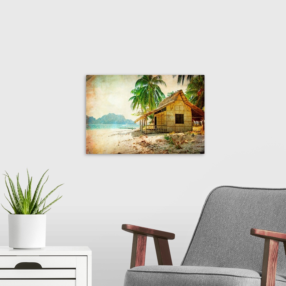 A modern room featuring tropical bugalow -retro styled picture