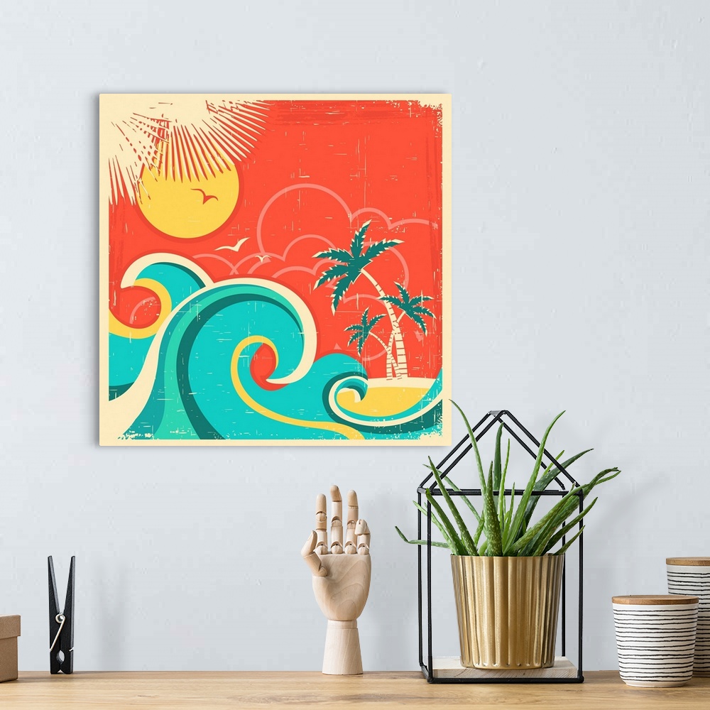A bohemian room featuring Vintage Tropical Poster With Island And Palms.vector Sea Background On Old Paper
