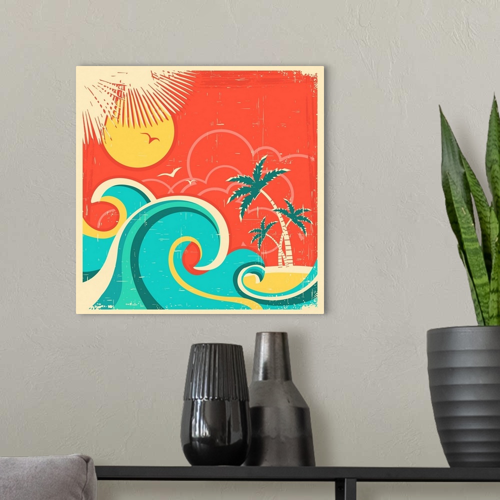 A modern room featuring Vintage Tropical Poster With Island And Palms.vector Sea Background On Old Paper