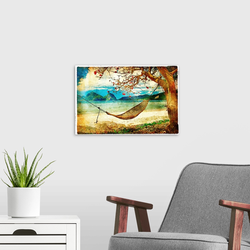 A modern room featuring tropical scene- artwork in painting style