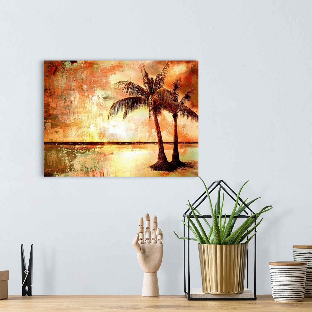 A bohemian room featuring tropical sunset - artwork in painting style
