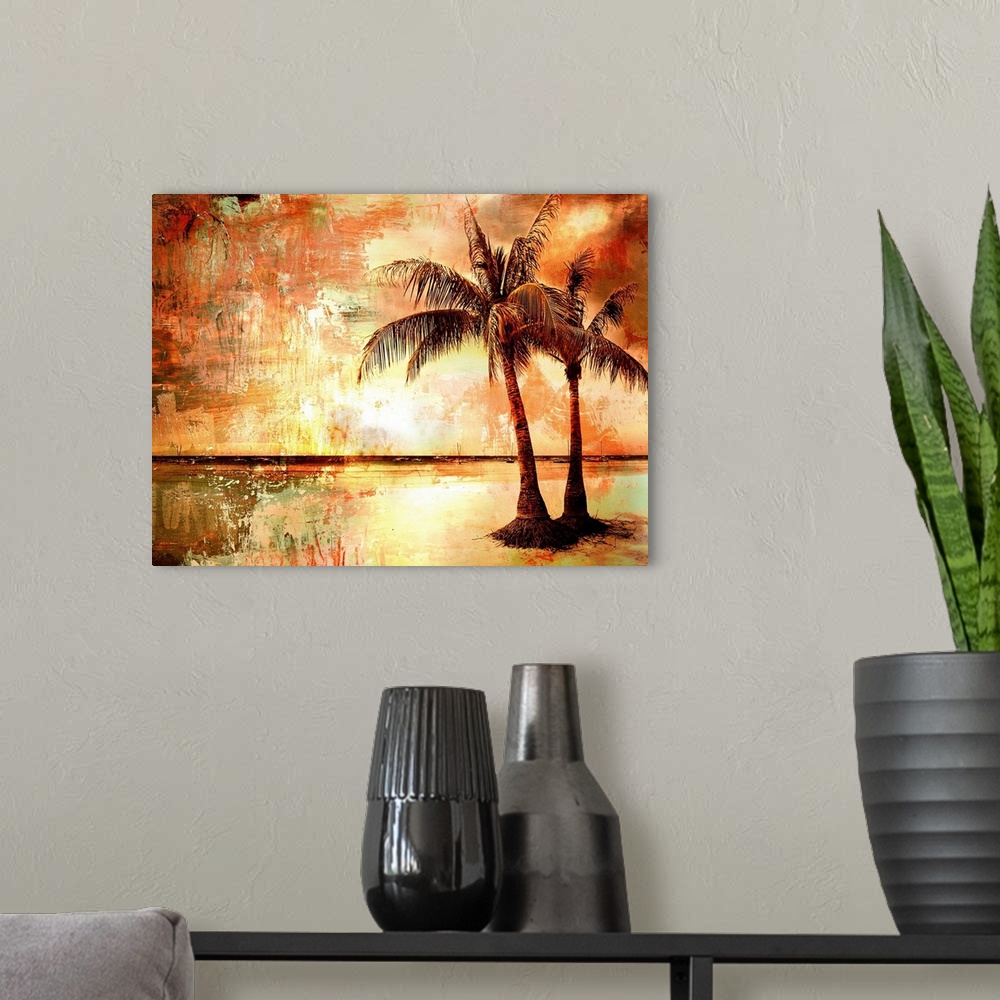 A modern room featuring tropical sunset - artwork in painting style
