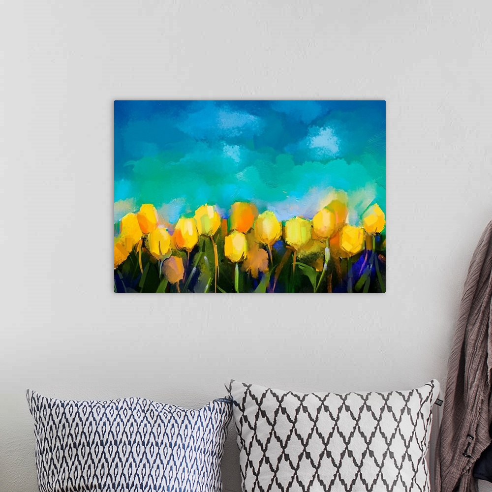 A bohemian room featuring Yellow tulip oil painting.