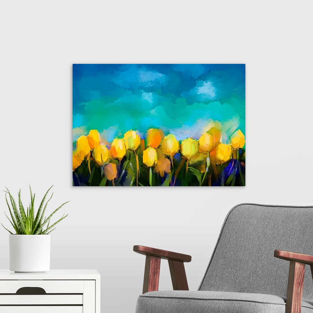 A modern room featuring Yellow tulip oil painting.