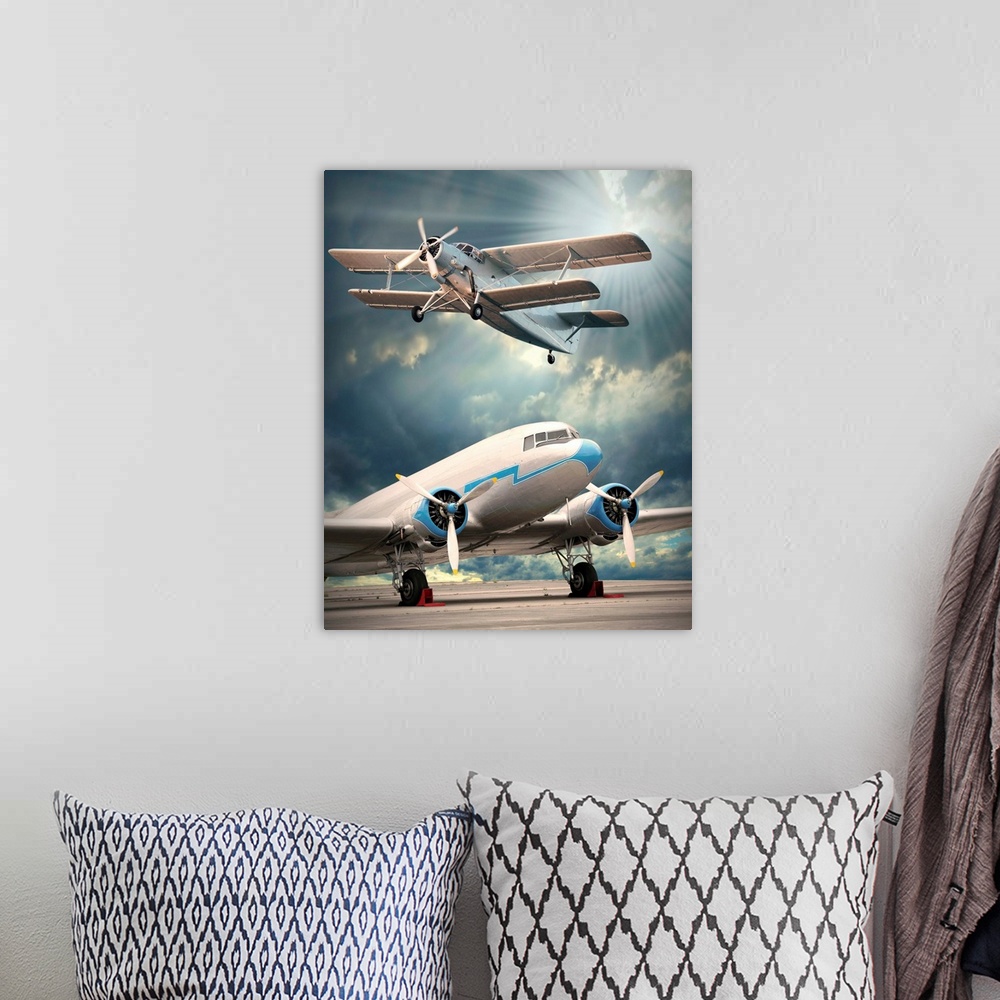 A bohemian room featuring Two vintage aircraft on the runway. Retro style picture.
