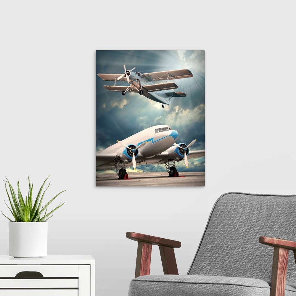 A modern room featuring Two vintage aircraft on the runway. Retro style picture.