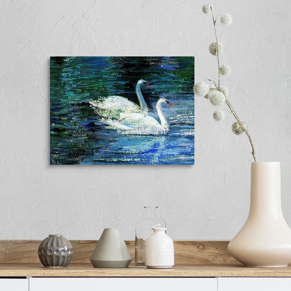 A farmhouse room featuring Two white swans on lake