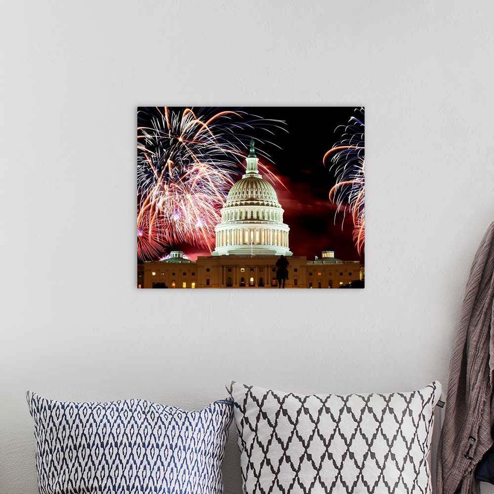A bohemian room featuring United States Capitol Building under a display of fireworks.