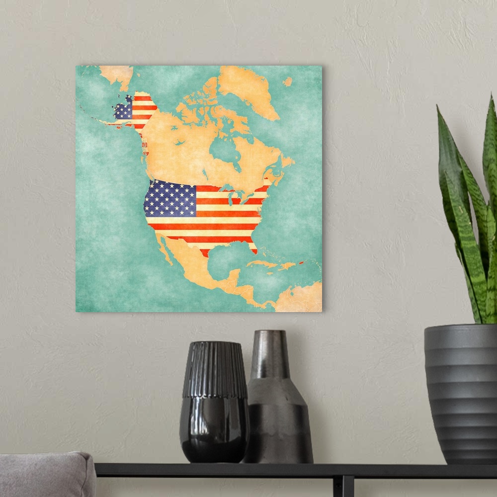 A modern room featuring Map of North America - USA (Vintage Series)