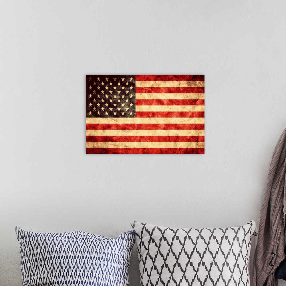 A bohemian room featuring United States Of America Flag in a grunge style.