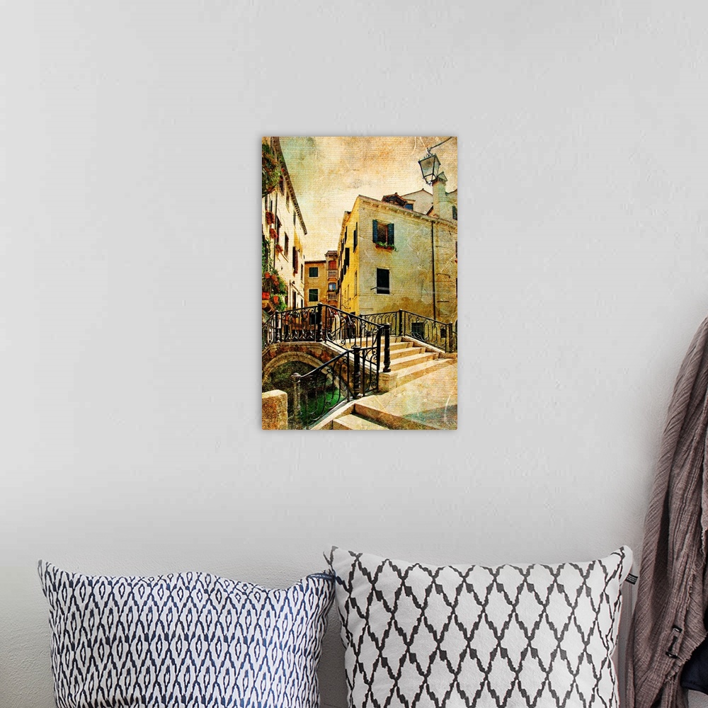 A bohemian room featuring venetian channels - artwork in retro style