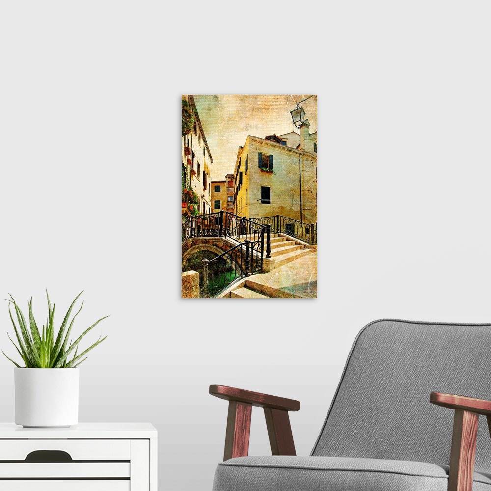 A modern room featuring venetian channels - artwork in retro style