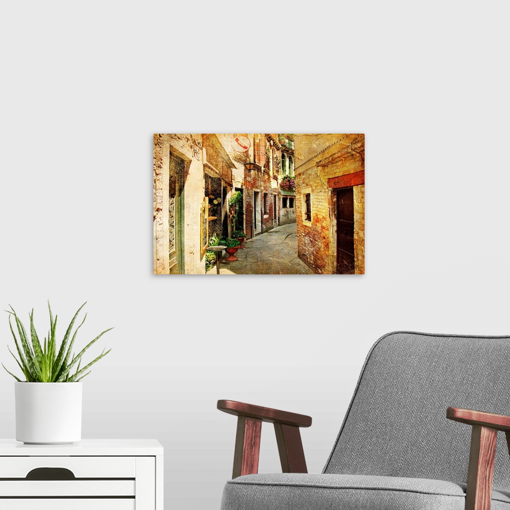 A modern room featuring Venetian streets  - artwork in painting style