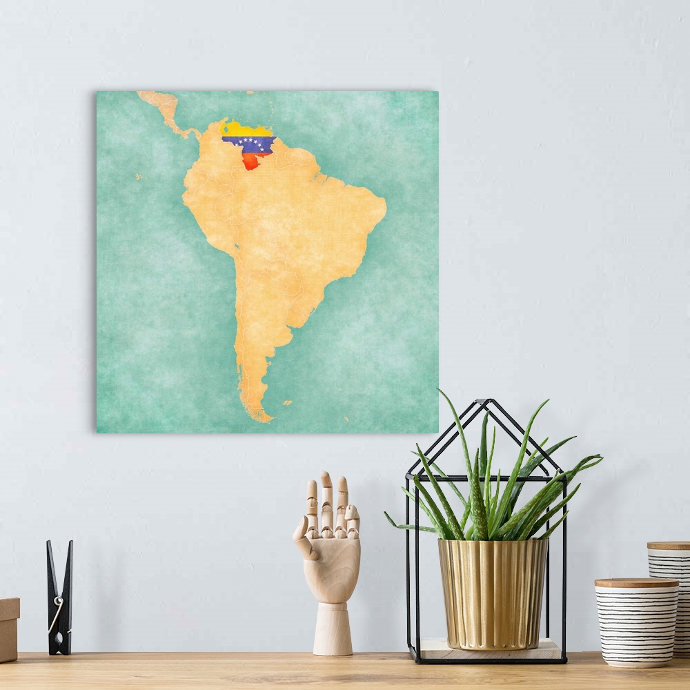 A bohemian room featuring Map Of South America - Venezuela (vintage Series)