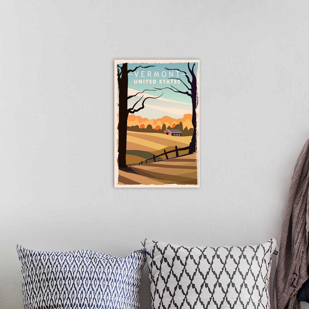 A bohemian room featuring Vermont Modern Vector Travel Poster
