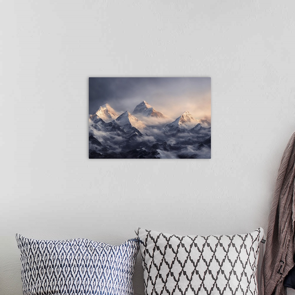 A bohemian room featuring View of the Himalayas on a foggy night - Mt. Everest visible through the fog with dramatic and be...