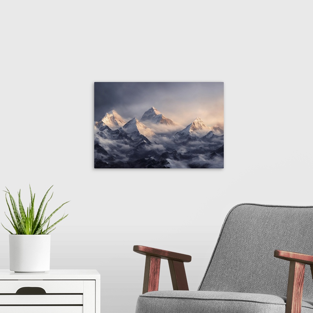A modern room featuring View of the Himalayas on a foggy night - Mt. Everest visible through the fog with dramatic and be...