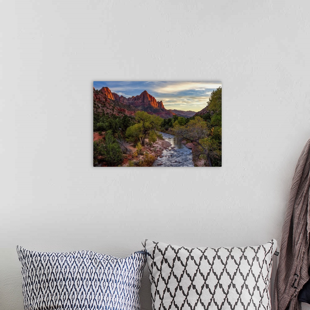 A bohemian room featuring View Of The Watchman Mountain And The Virgin River In Zion National Park
