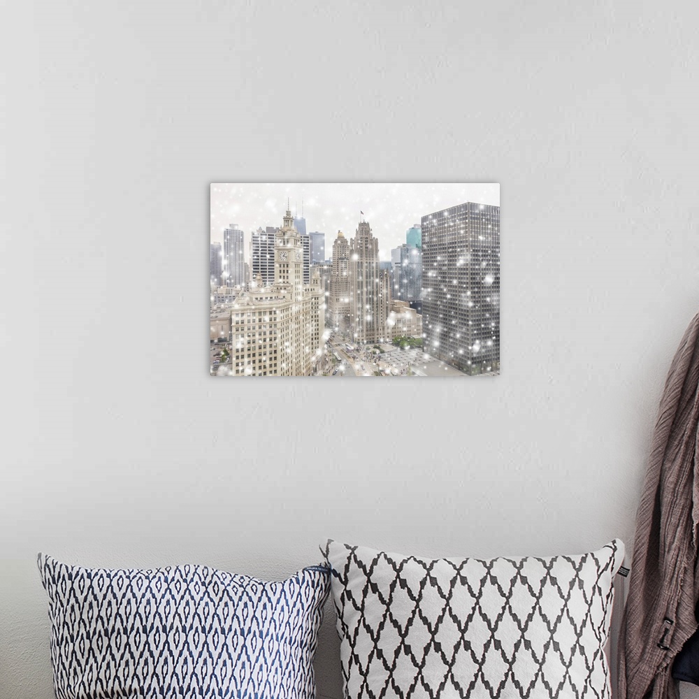 A bohemian room featuring View On The Chicago Downtown And Skyscrapers In The Winter Snowfall, Illinois