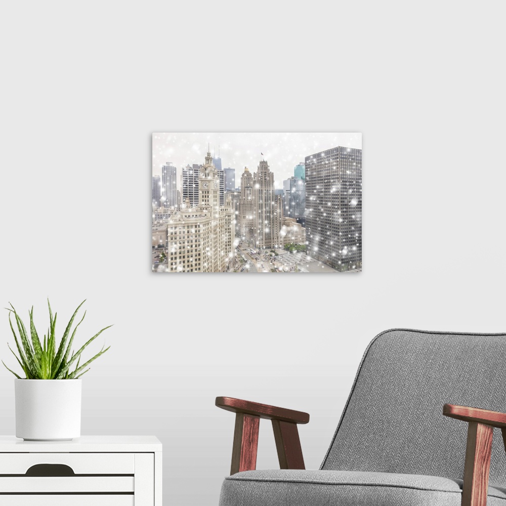 A modern room featuring View On The Chicago Downtown And Skyscrapers In The Winter Snowfall, Illinois