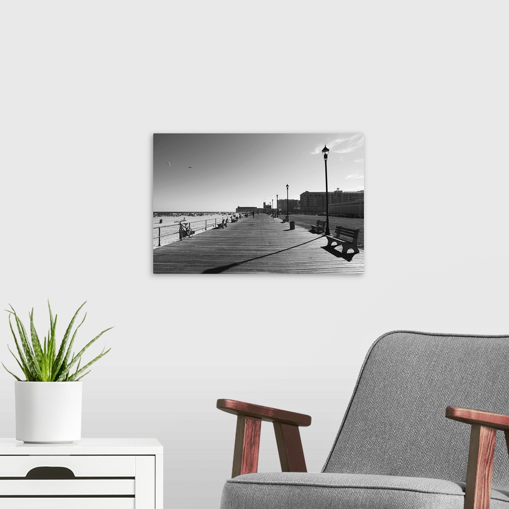 A modern room featuring Views of Asbury Park, New Jersey, on a summer day.