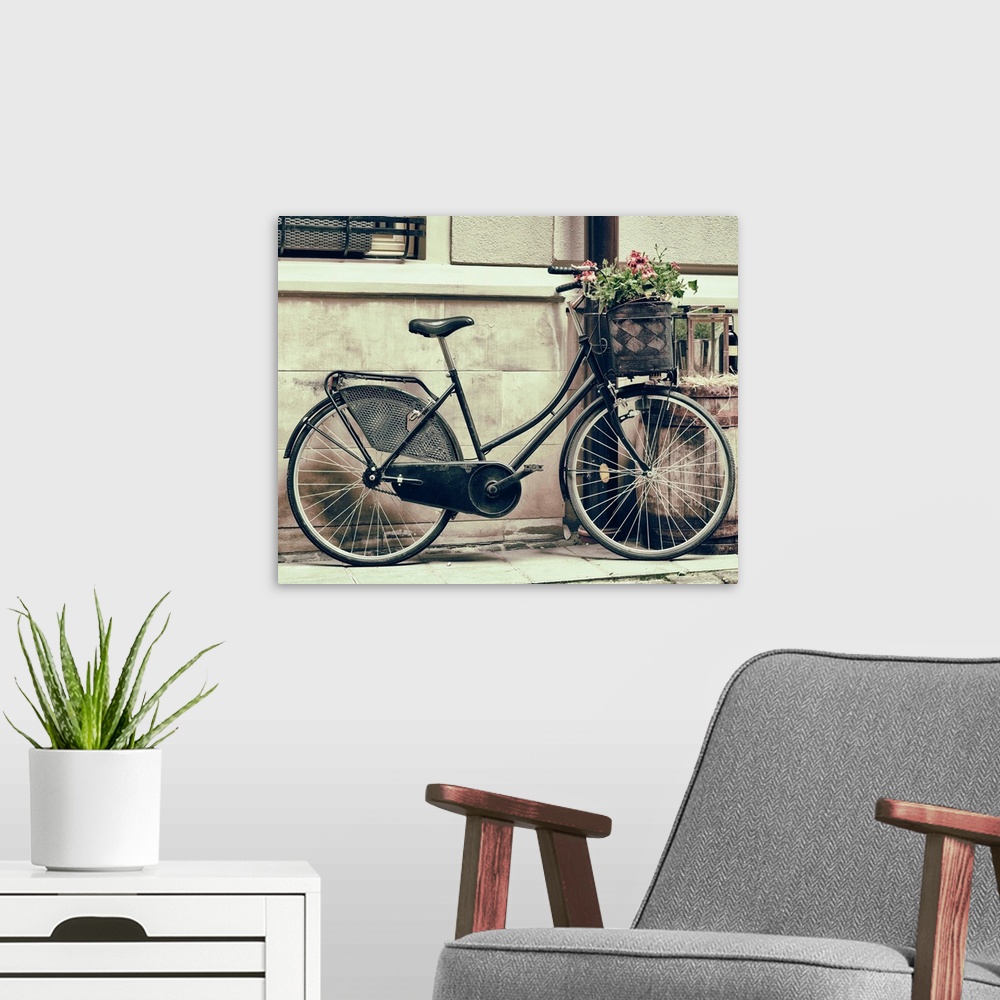 A modern room featuring Vintage stylized photo of Old bicycle carrying flowers as decoration.