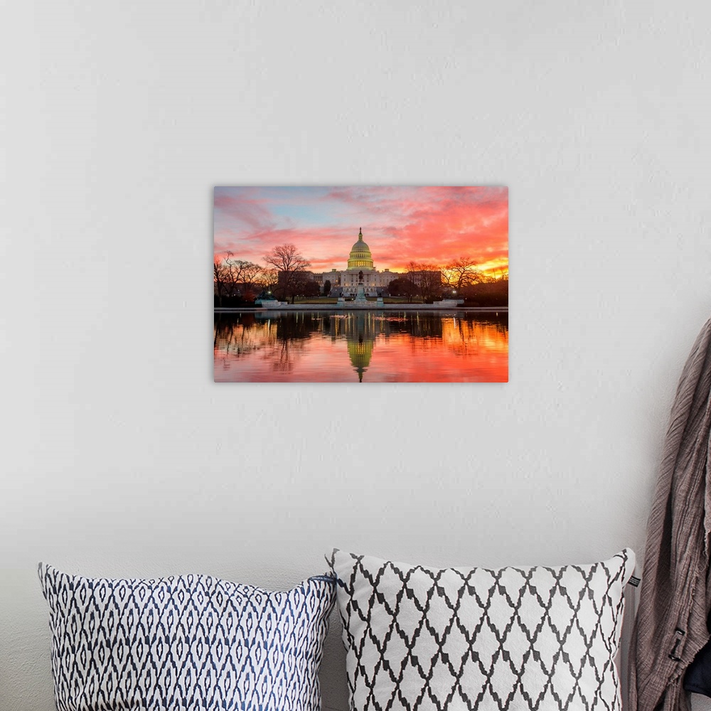 A bohemian room featuring Washington DC, Capitol Building in a cloudy sunrise with mirrored reflection.