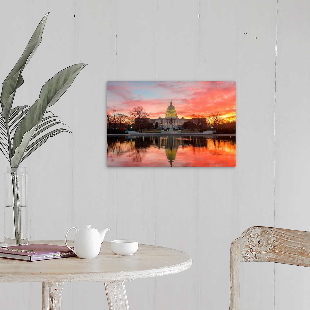 A farmhouse room featuring Washington DC, Capitol Building in a cloudy sunrise with mirrored reflection.