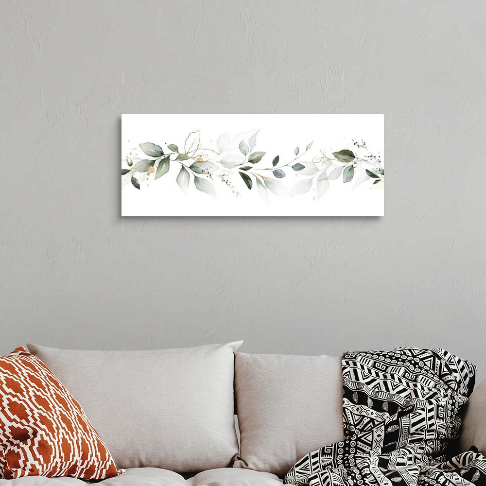 A bohemian room featuring Botanical composition with eucalytpus leaves.